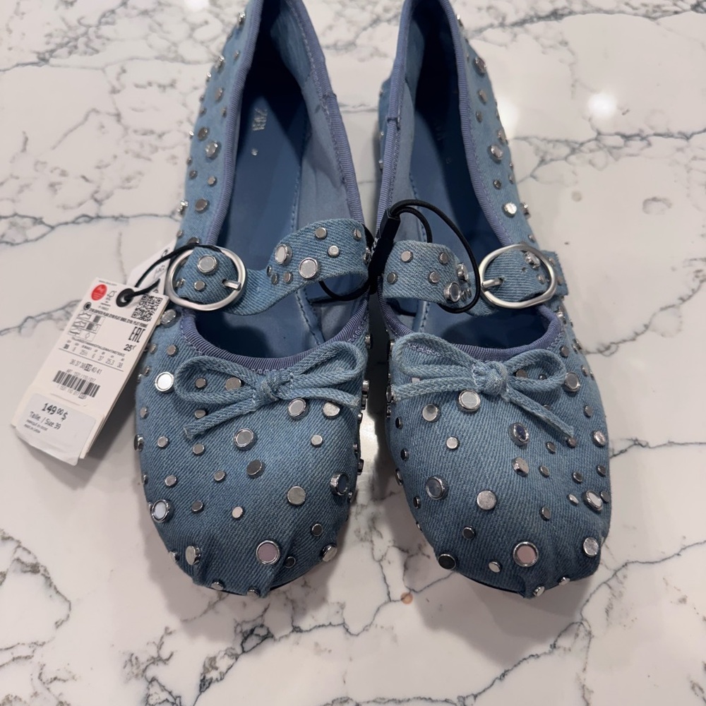 Zara Blue Denim Flats with Silver Studs
